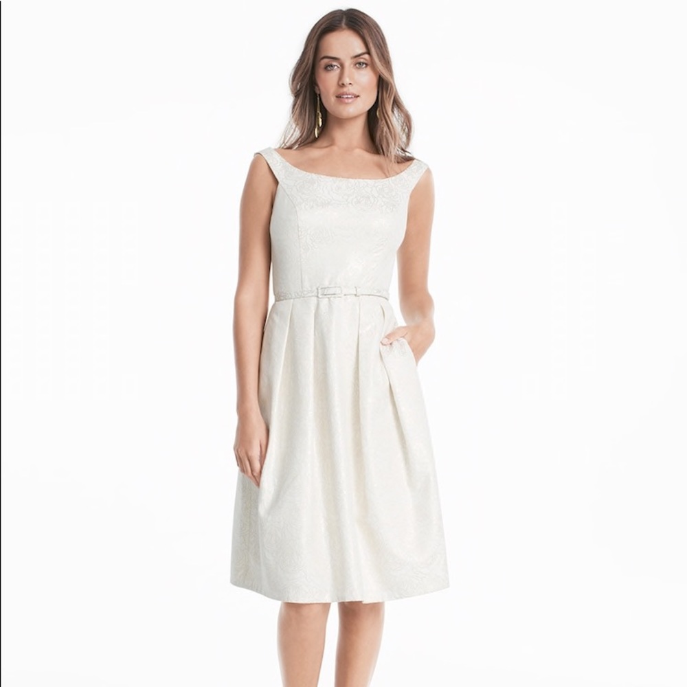 Portrait Neck Gold Jacquard Fit and Flare Dress